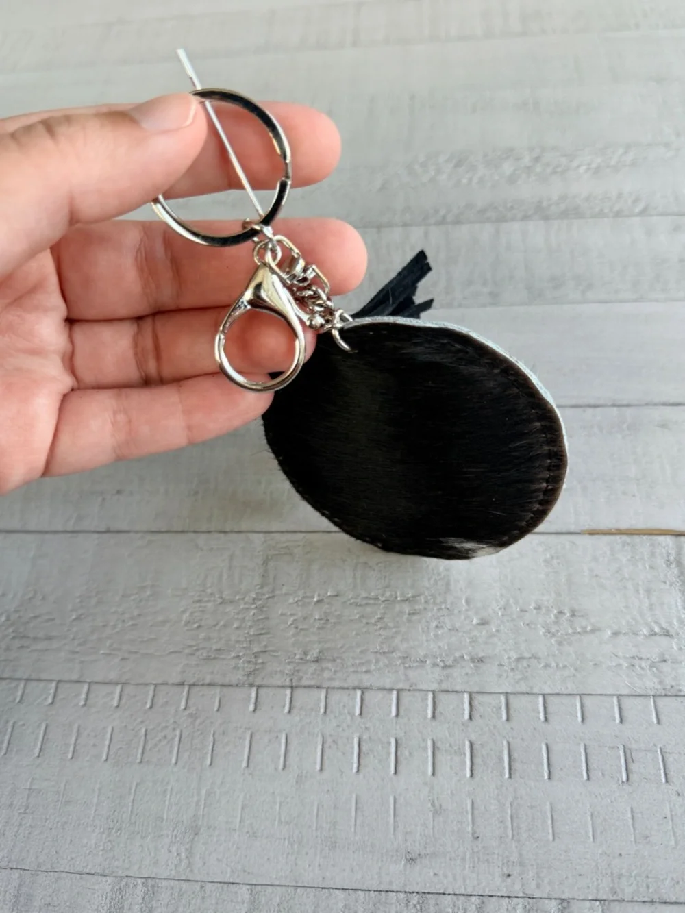 Western Round Grey Cowhide Keychain with Black Tassel